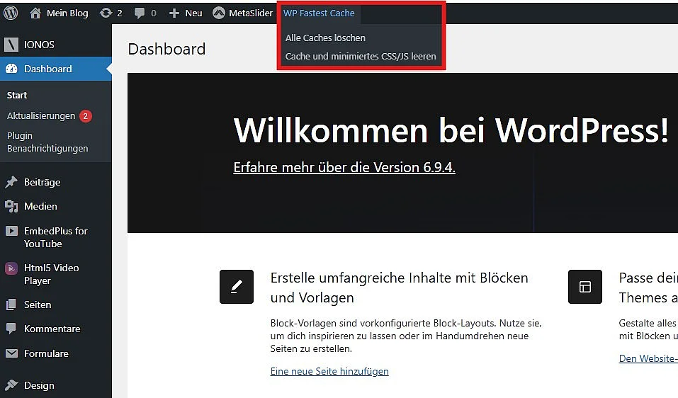 WP Fastest Cache: Möglichkeit im Dashboard, den WordPress-Cache zu löschen Bild: WP Fastest Cache: Möglichkeit im Dashboard, den WordPress-Cache zu löschen