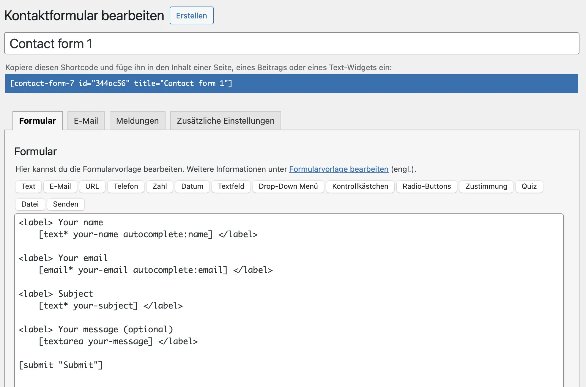 Bild: Screenshot der Oberfläche des WordPress-Kontaktformular-Plugins Contact Form 7