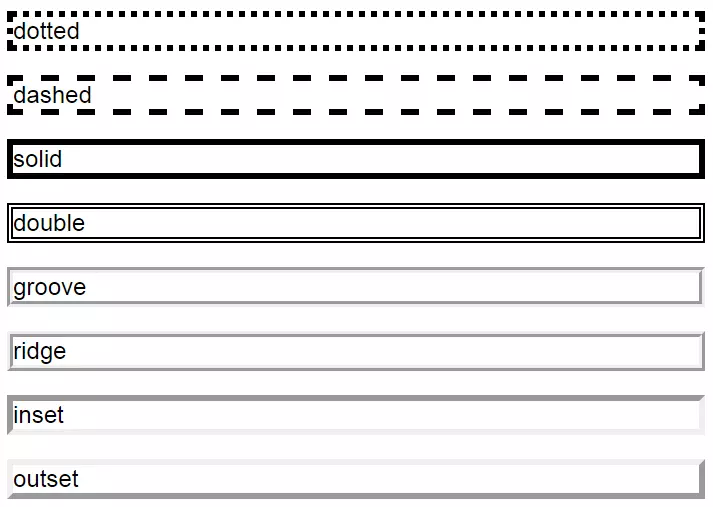 Die CSS-Rahmentypen: dotted, dashed, solid, double, groove, ridge, inset und outset