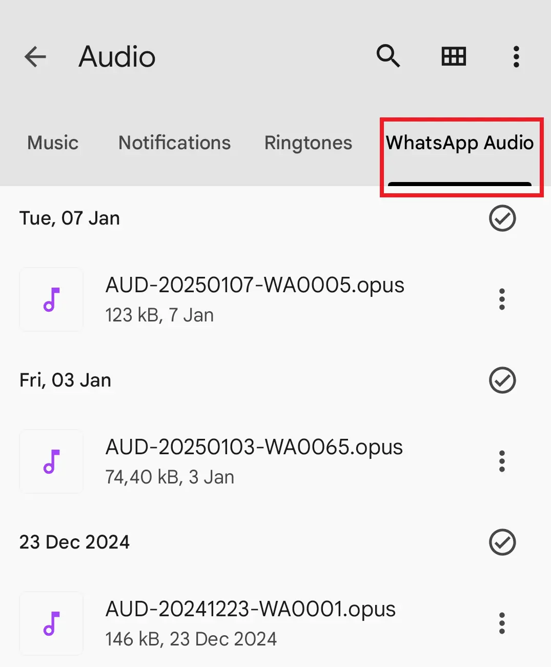 Android-Screenshot des Unterordners „WhatsApp Audio“ Bild: Android-Screenshot des Unterordners „WhatsApp Audio“