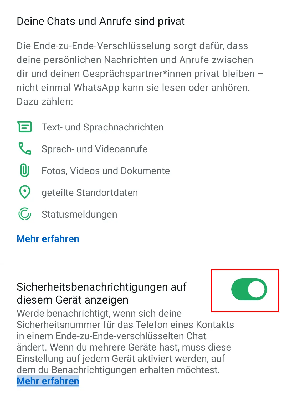 Android-Screenshot der Sicherheitseinstellungen in WhatsApp Bild: Android-Screenshot der Sicherheitseinstellungen in WhatsApp