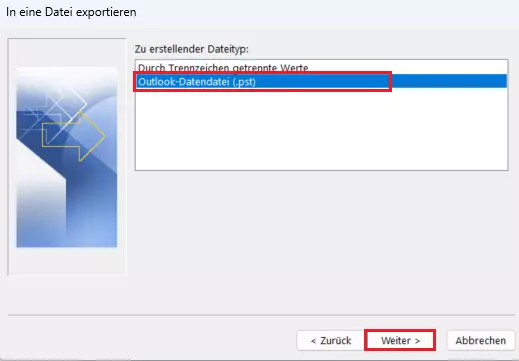 Import/Export-Assistent von Outlook: Auswahl des Dateityps Import/Export-Assistent von Outlook: Auswahl des Dateityps