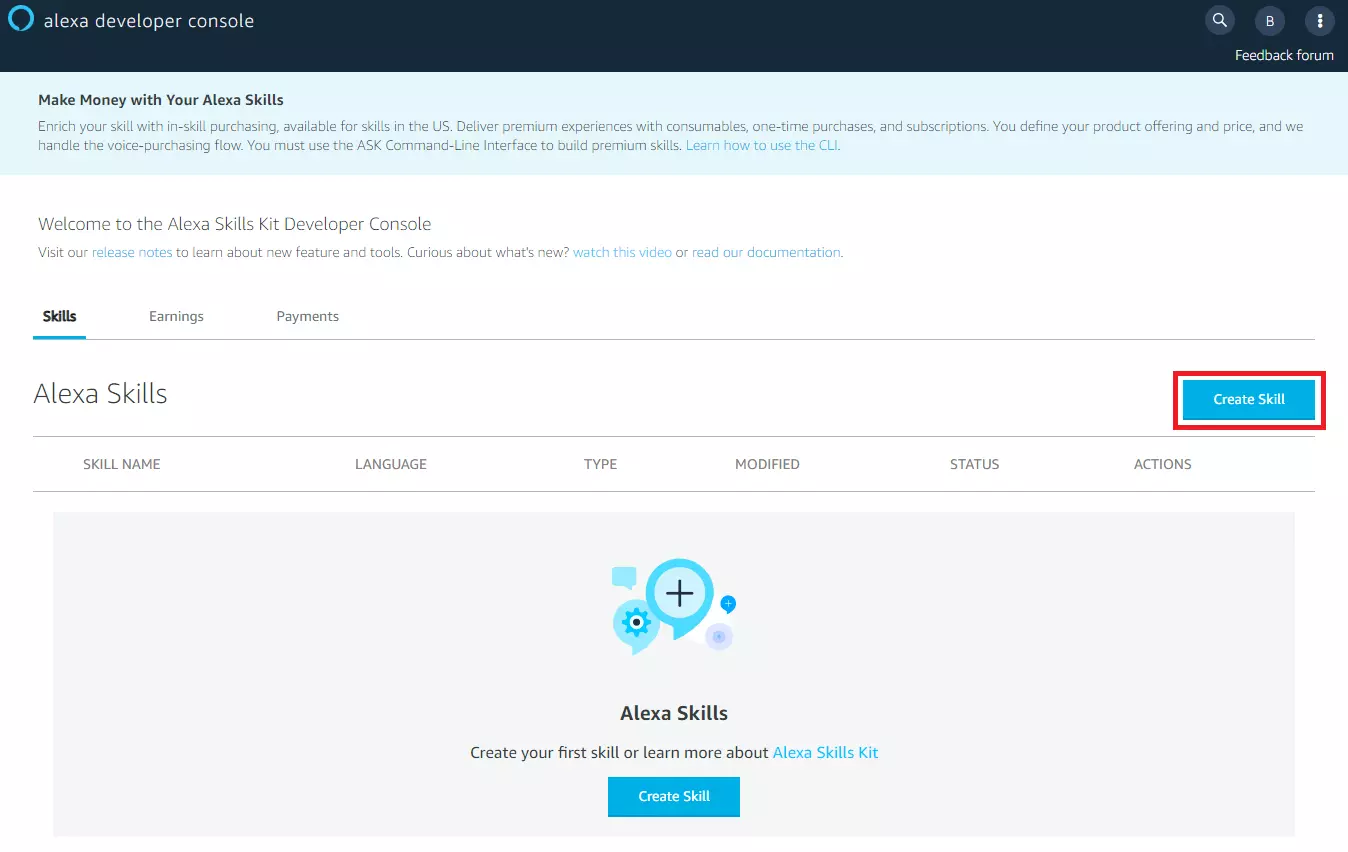 Bild: Startseite der Alexa-Developer-Konsole