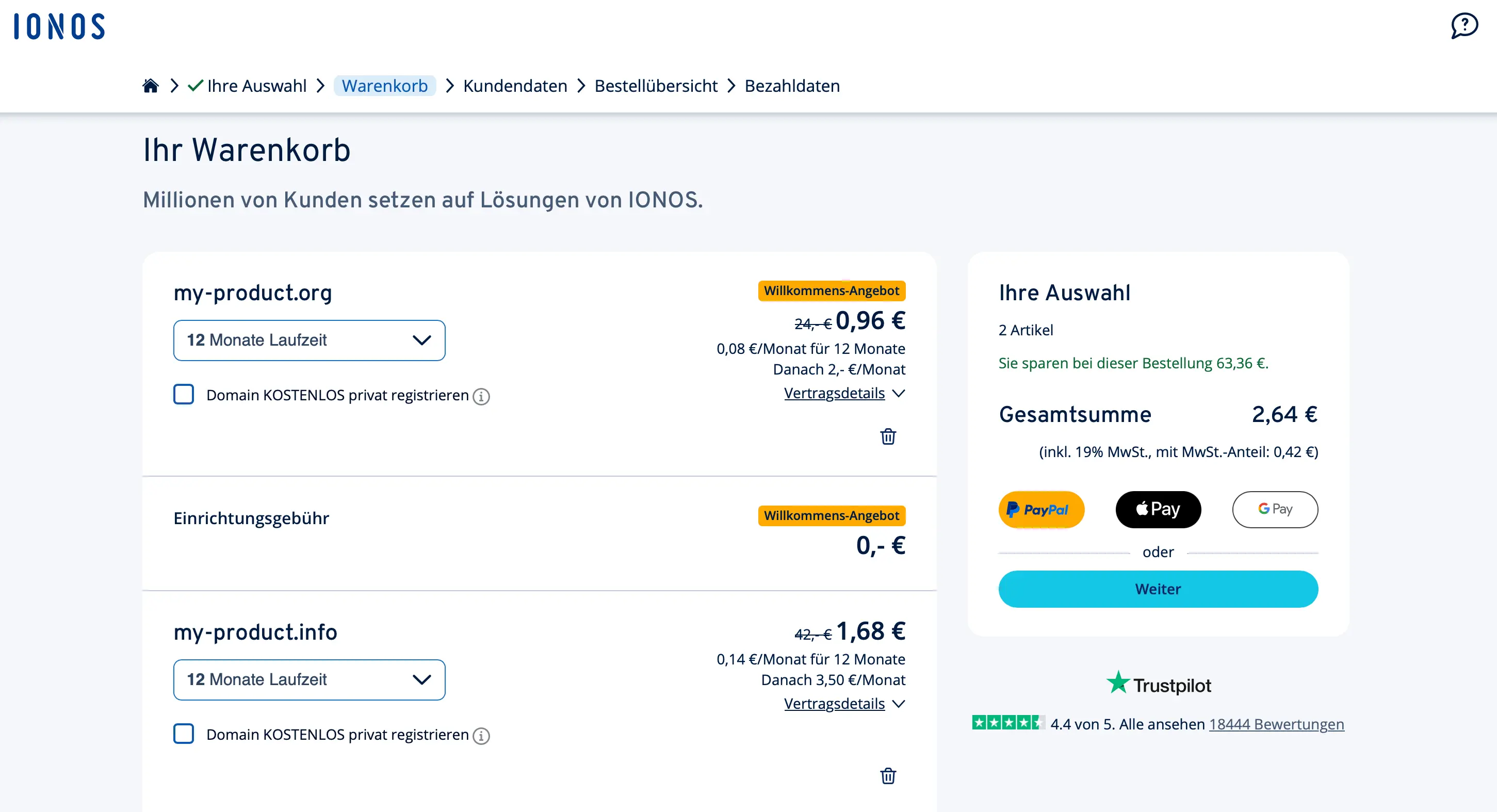 Bild: Screenshot des Warenkorbs bei IONOS