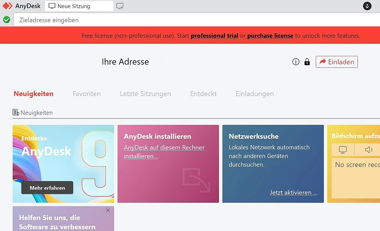 Bild: AnyDesk: Startbildschirm