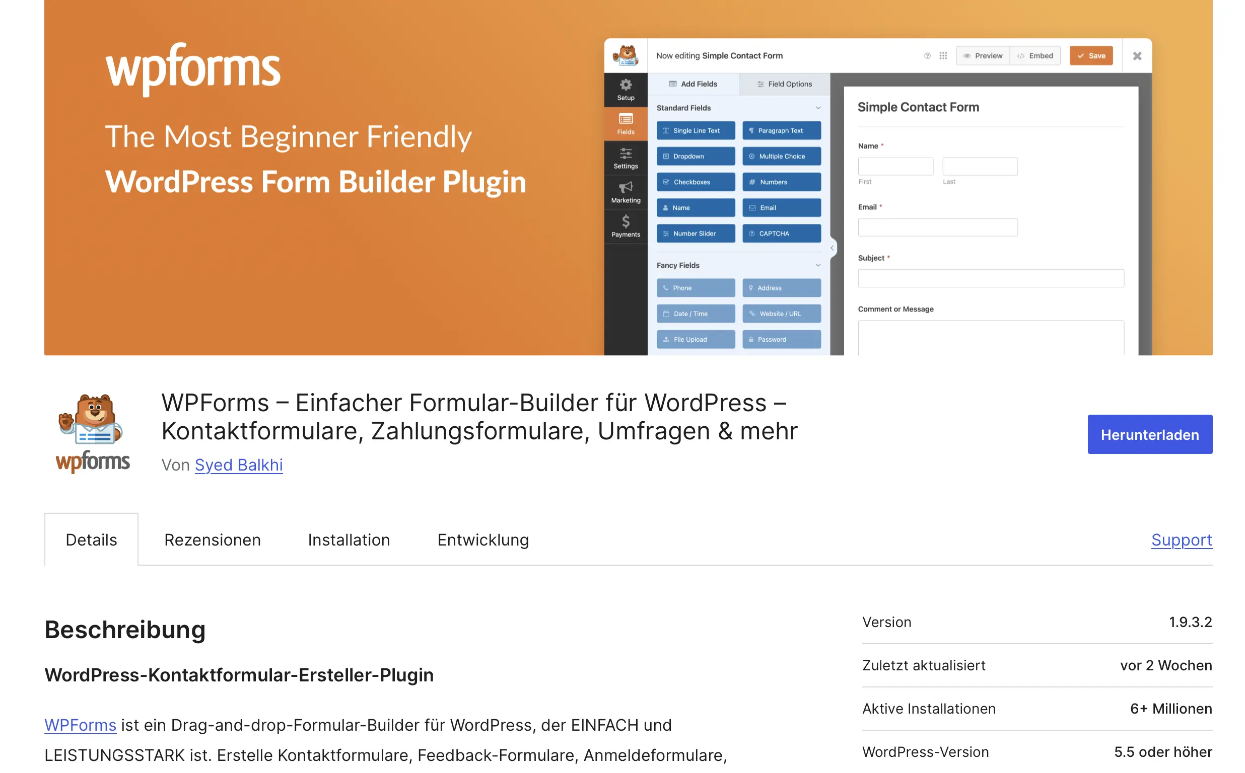 Bild: Screenshot des WordPress-Kontaktformular-Plugins WPForms