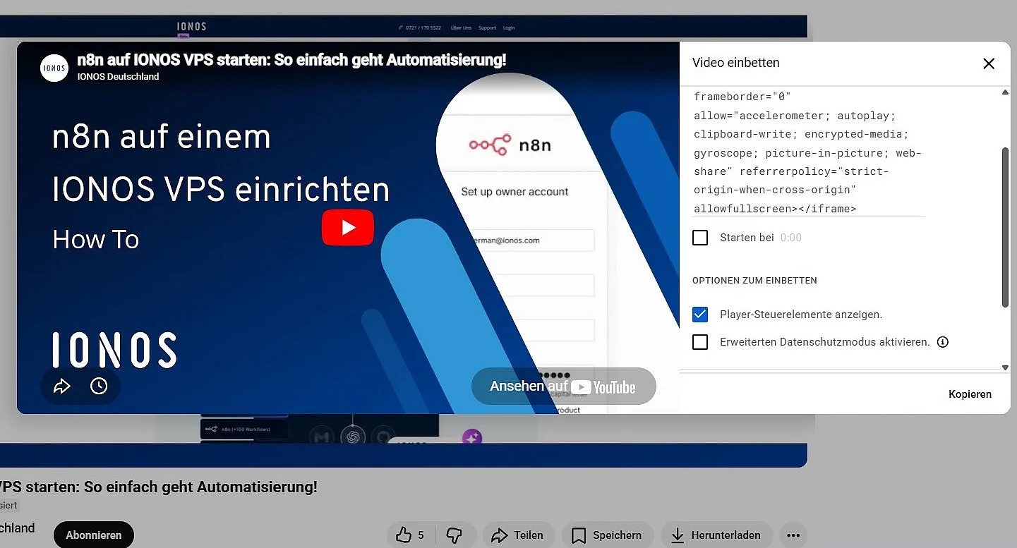 Bild: YouTube-Menü zum Video-Einbetten