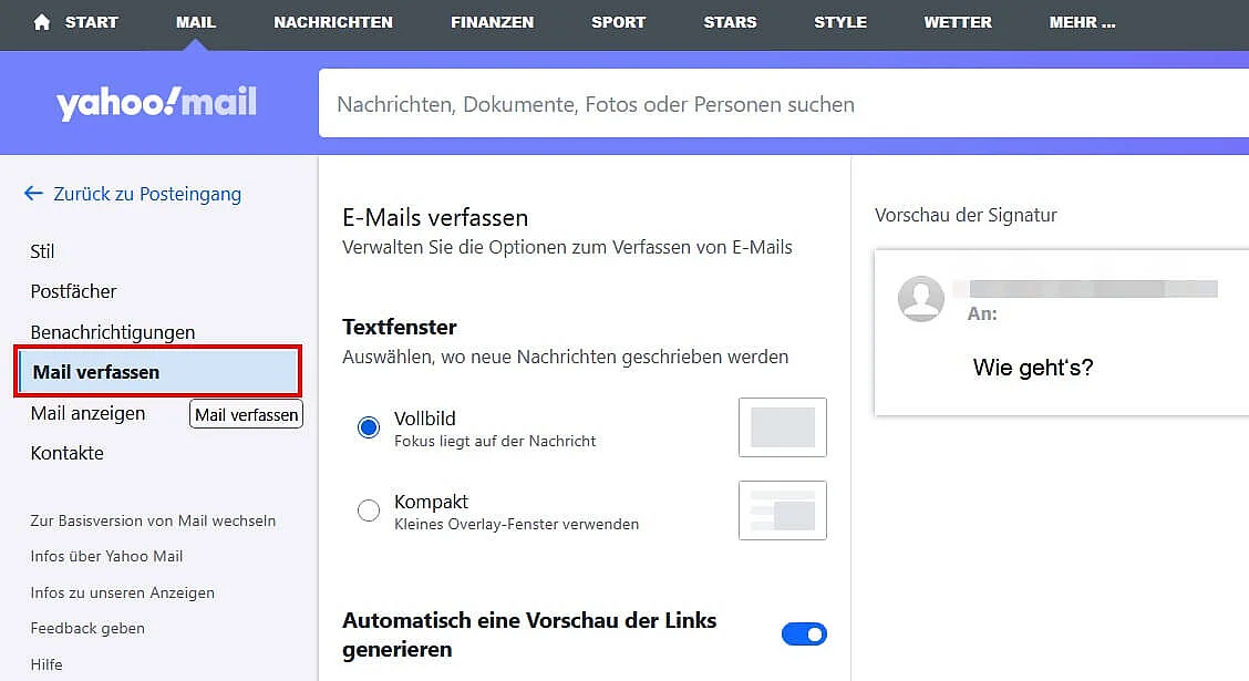 Yahoo Mail: Menü „Mail verfassen“ Bild: Yahoo Mail: Menü „Mail verfassen“