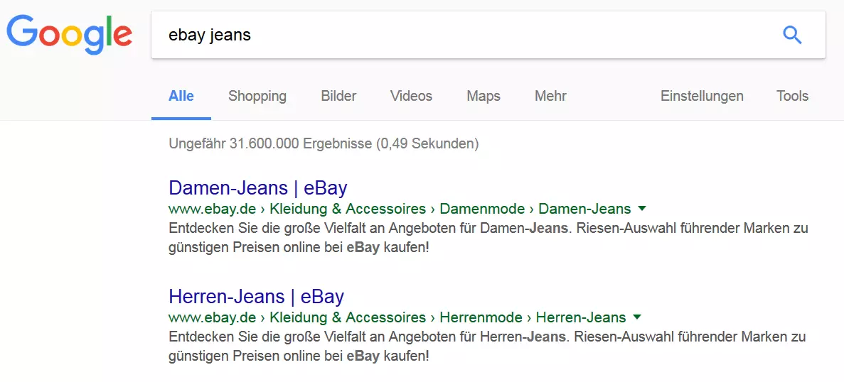 Screenshot einer Google-Suche nach den Stichworten „ebay jeans“ Screenshot einer Google-Suche nach den Stichworten „ebay jeans“