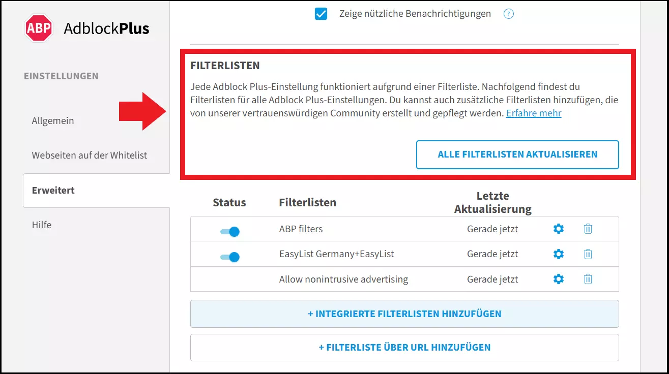 Filterlisten für blockierte Werbung in Adblock Plus