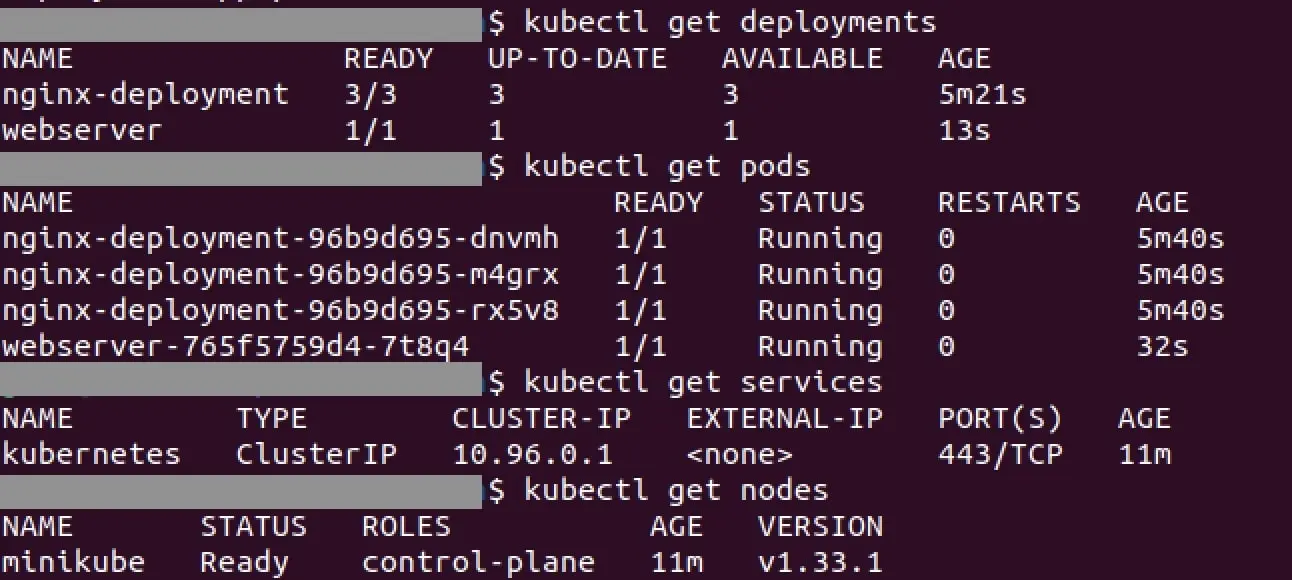 Terminal mit verschiedenen Kubernetes-Befehlen und -Outputs Bild: Terminal mit verschiedenen Kubernetes-Befehlen und -Outputs