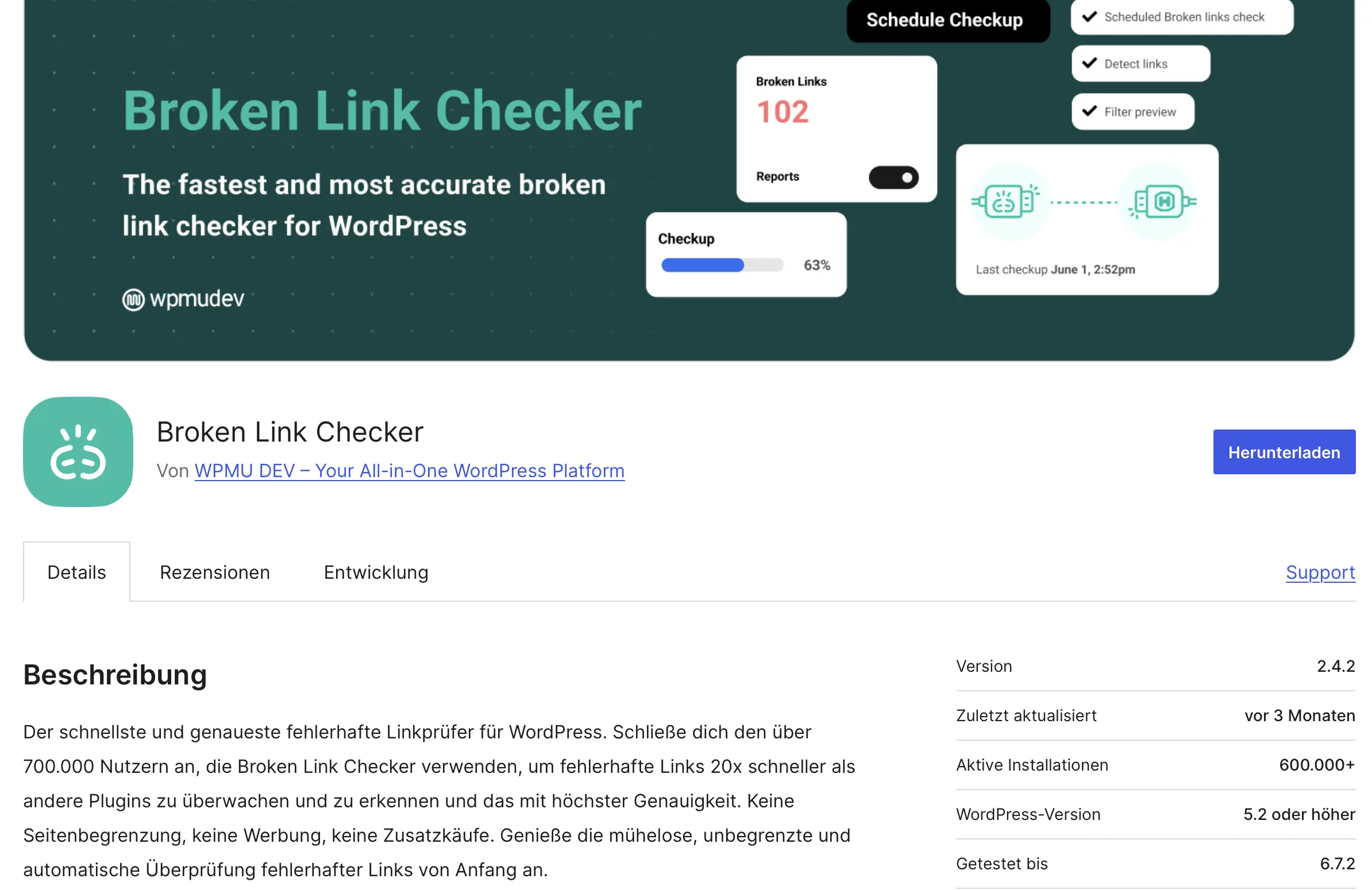 Bild: wordpress.org: Plugin-Übersichtsseite zu „Broken Link Checker“