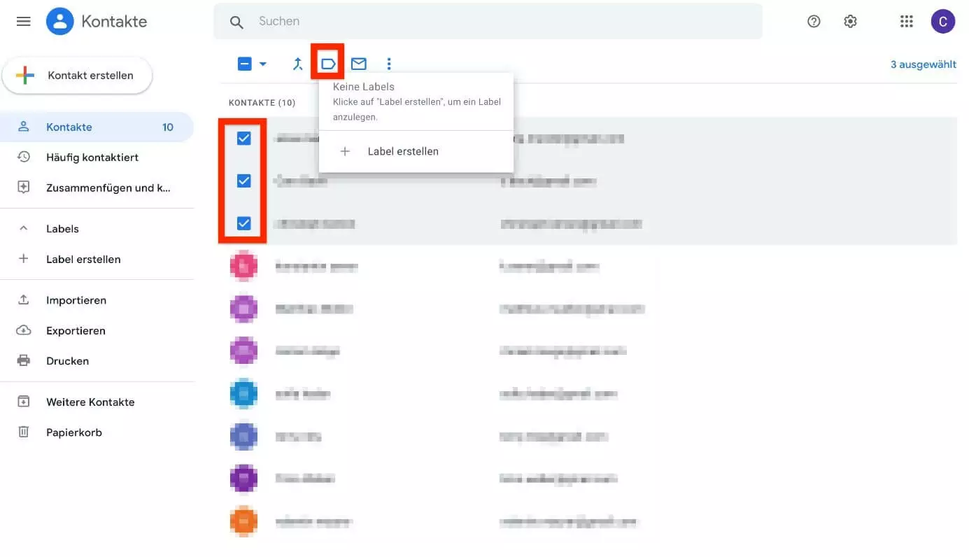 Bild: Google Kontakte: Auflistung der Kontakte 