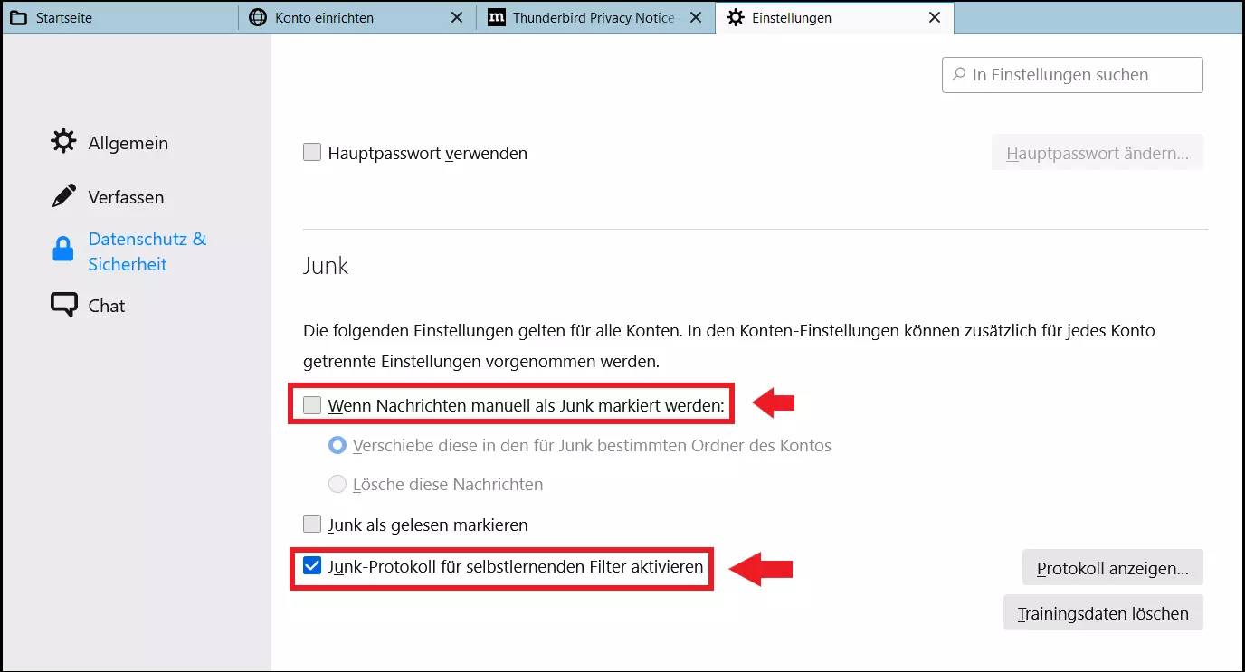 Thunderbird-Junk-Einstellung „Junk-Protokoll für selbstlernenden Filter aktivieren“