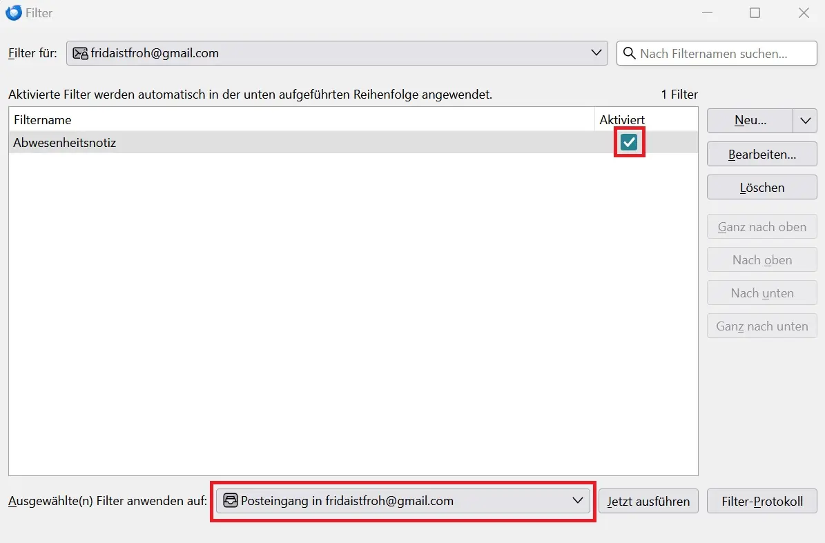 Bild: Thunderbird-Abwesenheitsnotiz einrichten: Filter aktivieren