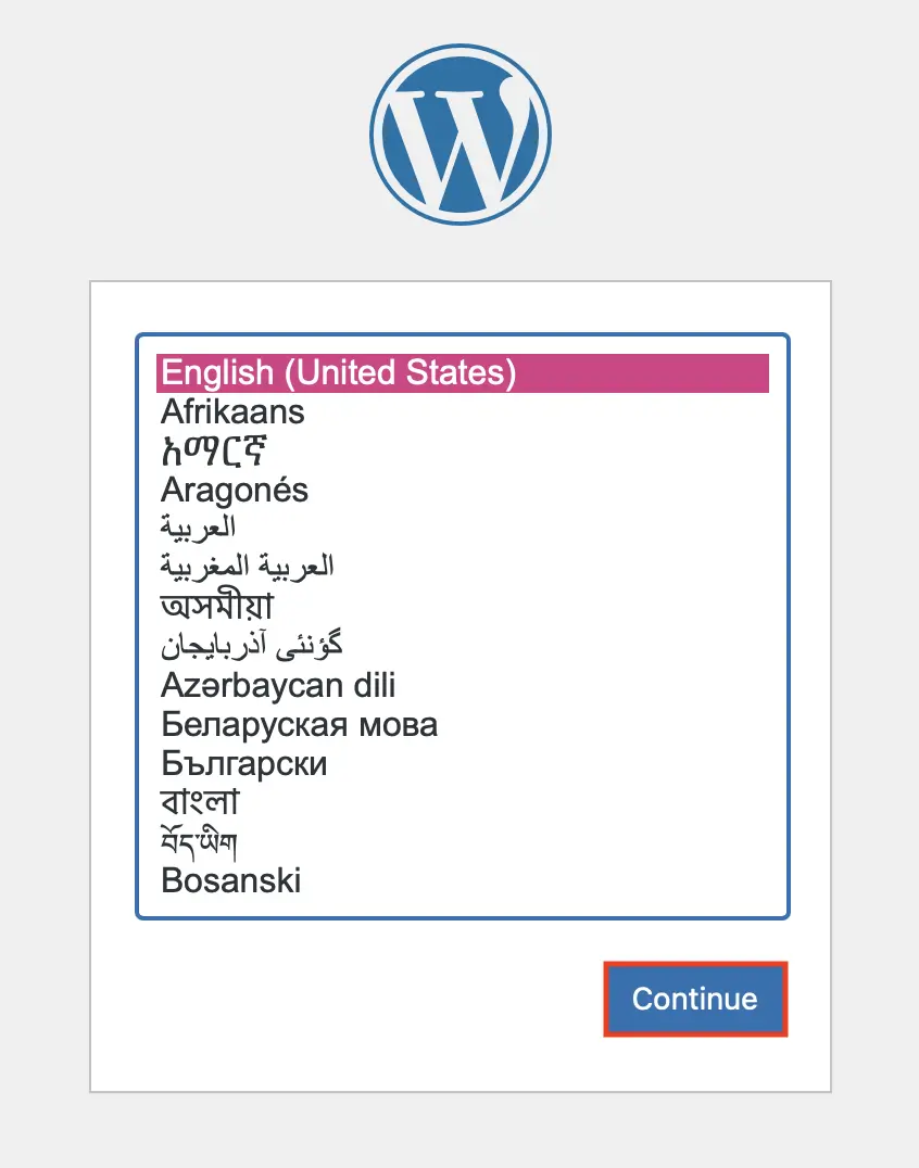 Bild: Screenshot der WordPress-Sprachauswahl