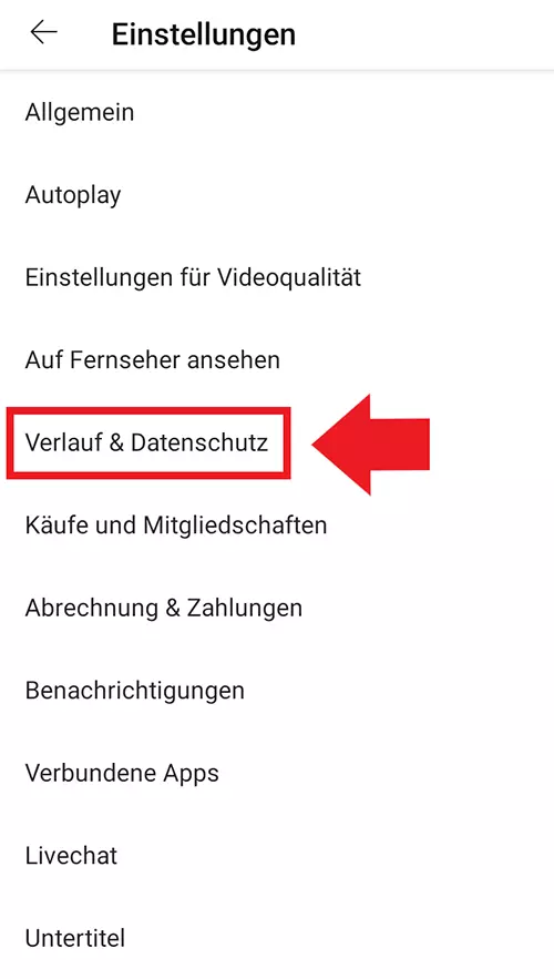 Bild: YouTube-App-Einstellungen: „Verlauf & Datenschutz“