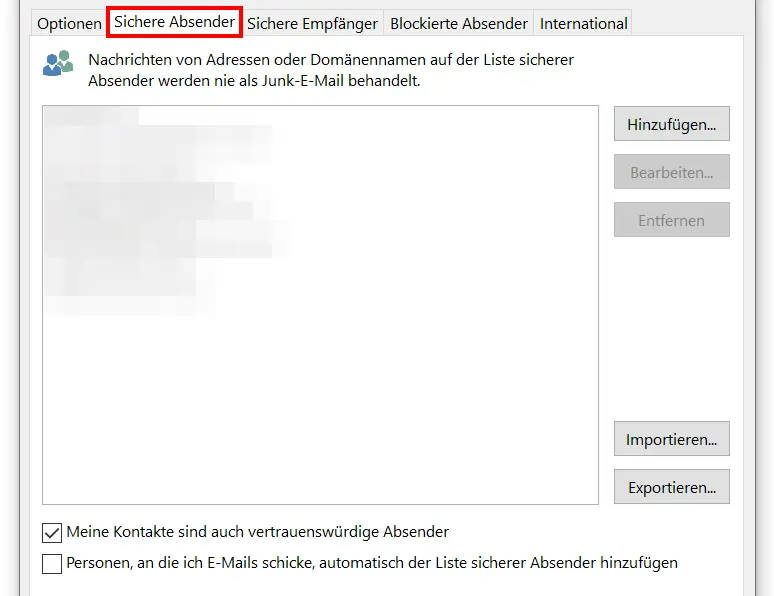 Bild: Outlook-Menü „Sichere Absender“
