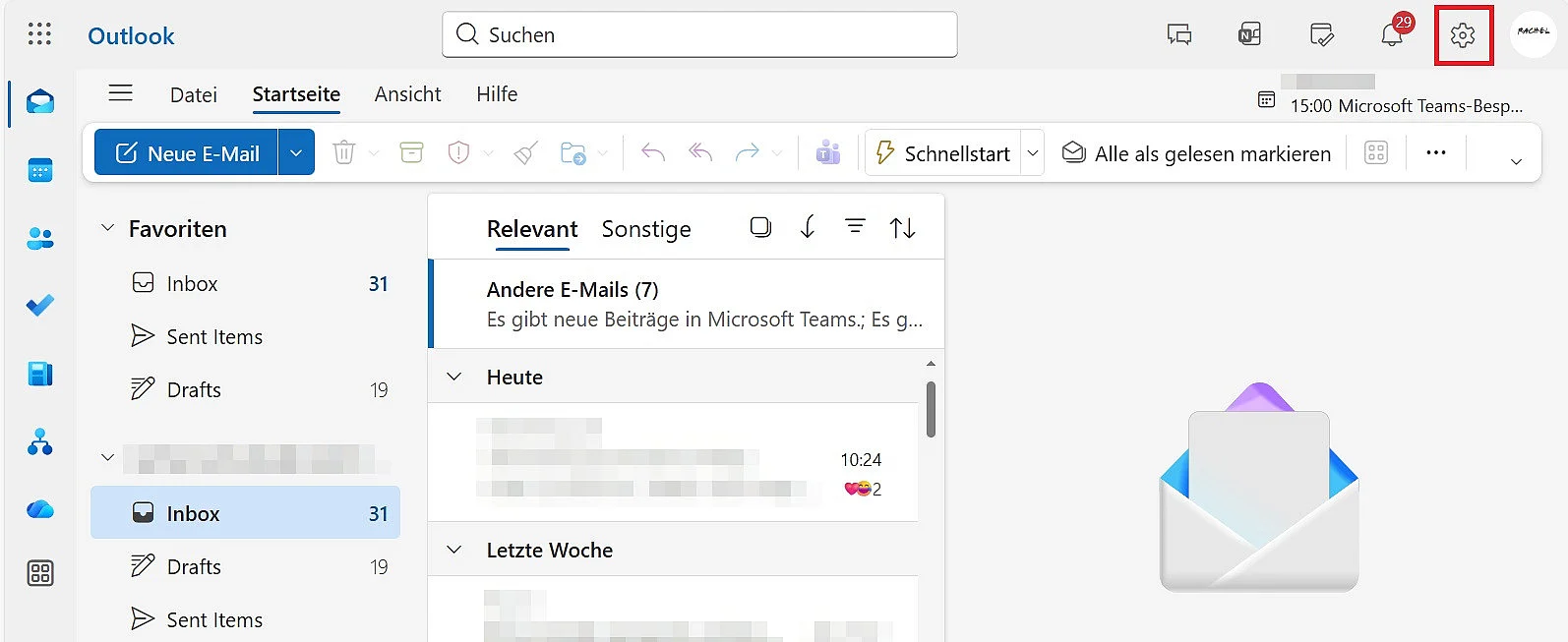 Outlook (Webversion): Zahnrad-Symbol, um die Einstellungen zu öffnen Bild: Outlook (Webversion): Zahnrad-Symbol, um die Einstellungen zu öffnen