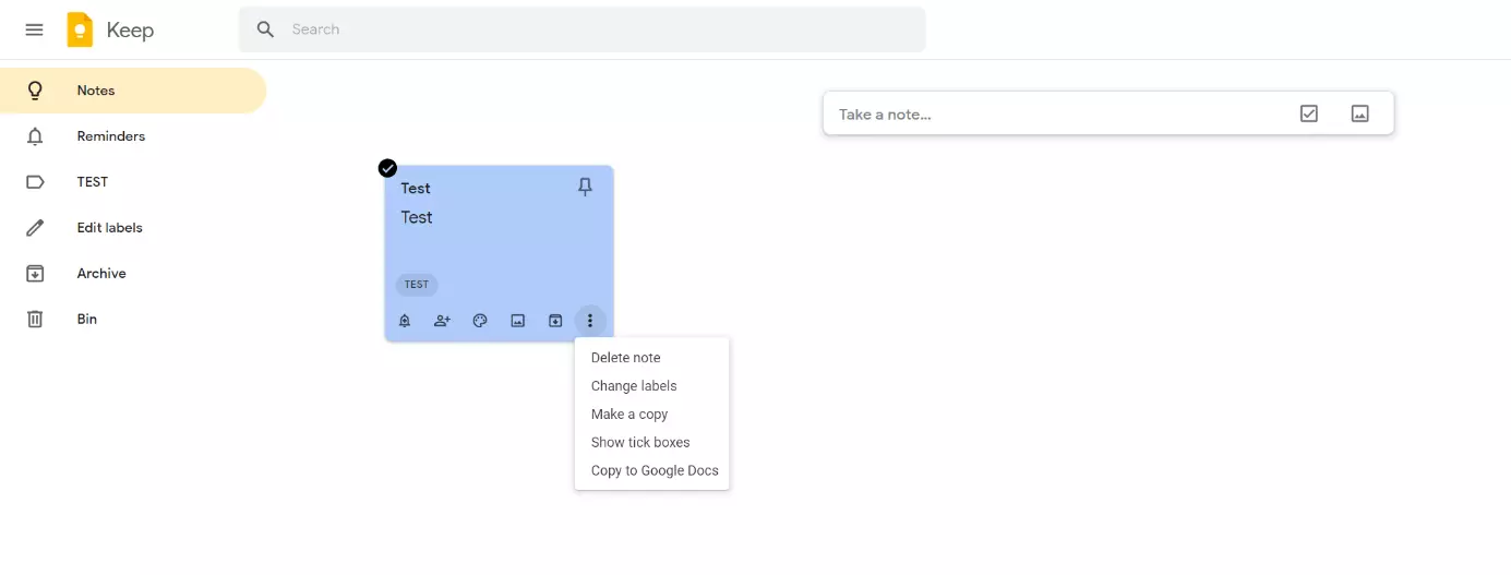 Oberfläche von Google Keep