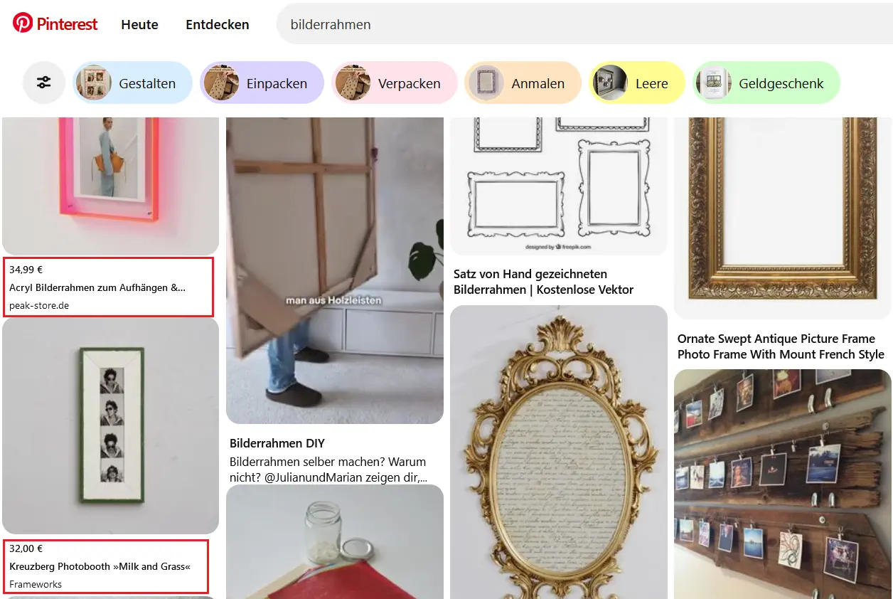 Screenshot der Entdecken-Suche nach „bilderrahmen“ auf Pinterest Bild: Screenshot der Entdecken-Suche nach „bilderrahmen“ auf Pinterest