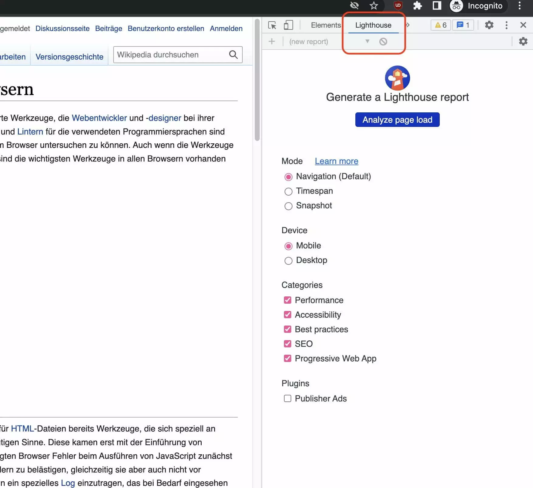 Bild: Lighthouse-Tab der Chrome Developer Tools