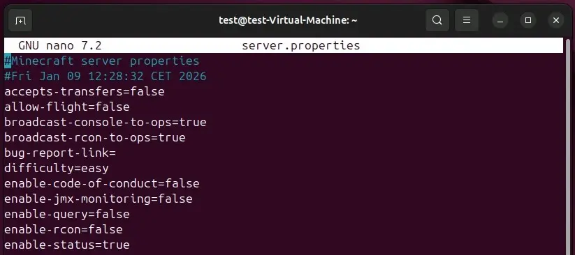 Bild: Minecraft-Server (Linux): Standard-Konfiguration in der server.properties