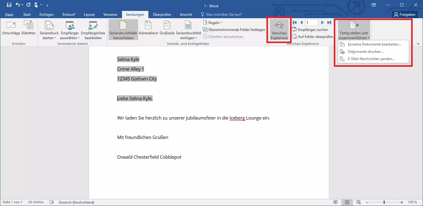 Bild: Auswahlmenü der Funktionen zum Abschluss eines Serienbriefs in Word