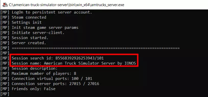 Eingabeaufforderung mit gestartetem „American Truck Simulator“-Server Eingabeaufforderung mit gestartetem „American Truck Simulator“-Server