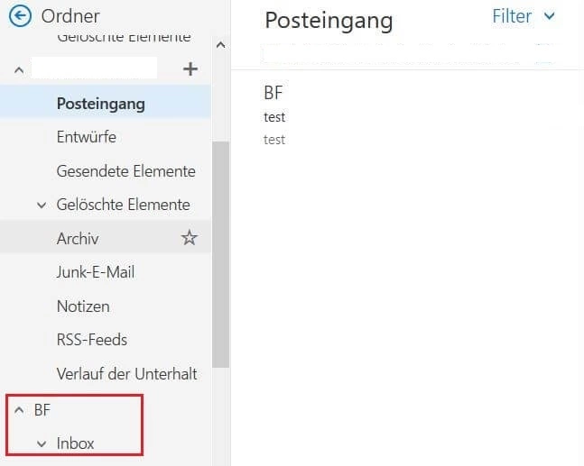 Outlook im Web: Ordnerbereich mit hinzugefügtem Postfach Outlook im Web: Ordnerbereich mit hinzugefügtem Postfach
