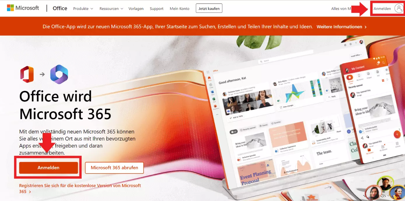 Die Startseite von Microsoft 365 mit Anmeldeoption