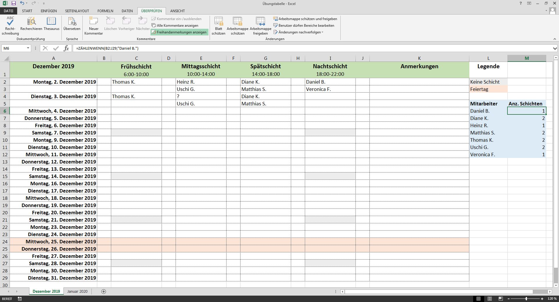 Beispiel für einen Excel-Dienstplan