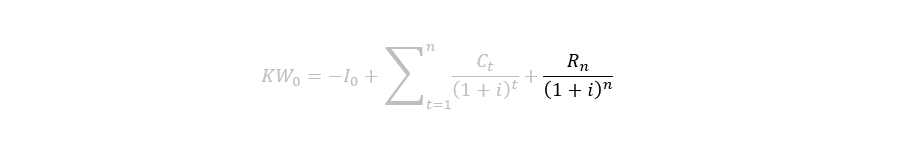 Die Formel zu Berechnung des Kapitalwerts mit Hervorhebung: Abzinsung des Restwertes (Rn)