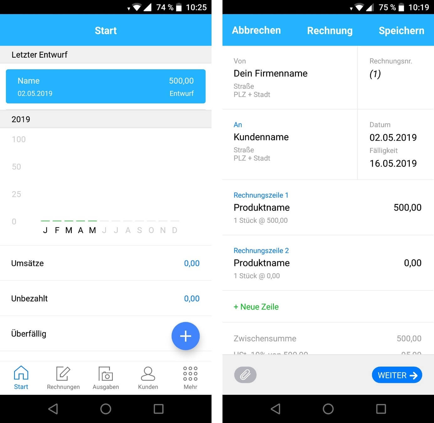 Dashboard und Beispielrechnung in der Debitoor-Android-App