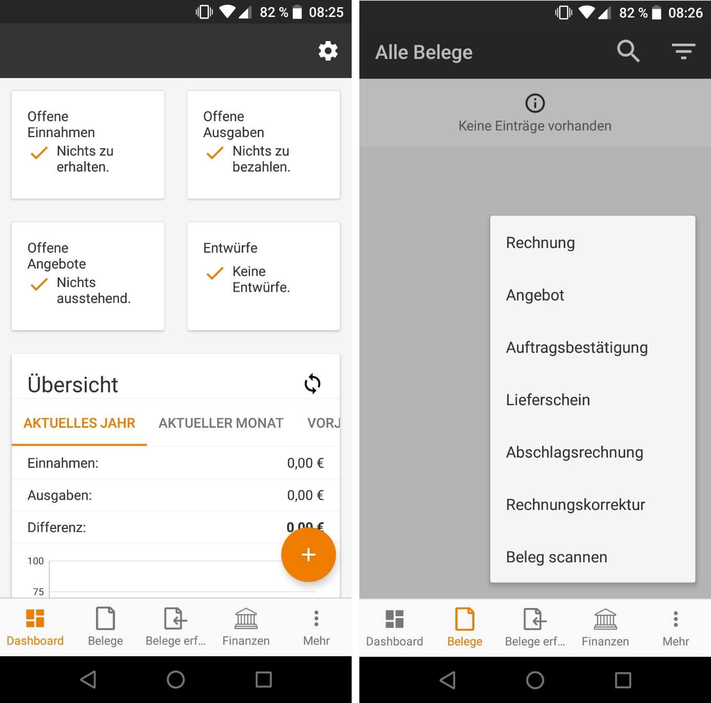 lexoffice App auf einem Android-Smartphone: Dashboard und Belege-Menü