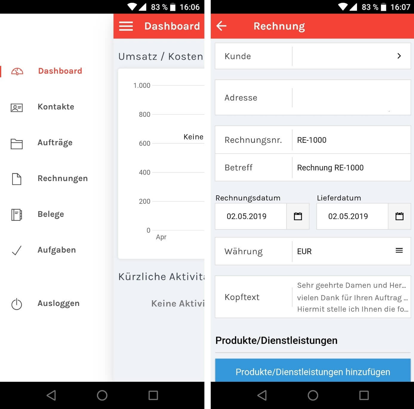 Dashboard und Musterrechnung in der sevDesk-Android-App